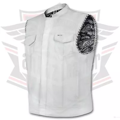 Men's White Leather Vest W/Black Paisley Lining & Thread Concealed Waistcoat • $48