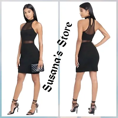 NWT BEBE ILLUSION MESH CUT OUT MINI HALTER DRESS SIZE XXS So Sexy!! • $41.99