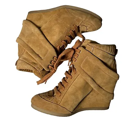 Womens Zara Suede Lace Up High Heel Wedge Booties Taupe Sneaker Sz 39 US 8 Camel • $39.99