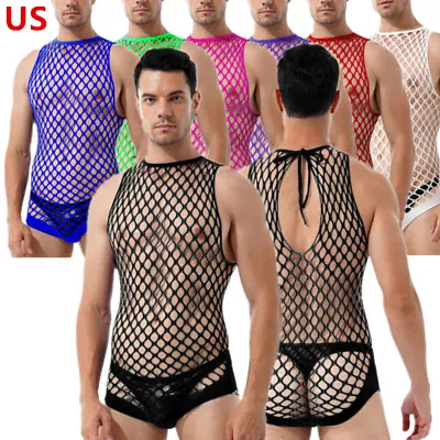 US-Men Lingerie One Piece Fishnet Bodysuit Hollow Out Mesh Babydoll Nightwear • $6.65