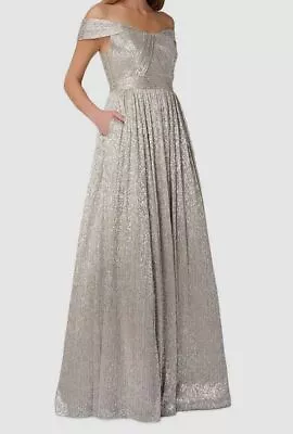 $552 Aidan Mattox Women's Silver Metallic Off The Shoulder Gown Dress Size 12 • $176.38