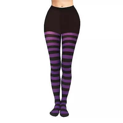 Black And Purple Coloured Striped Thick Opaque Tights UK Halloween Party Dance • £5