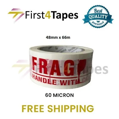 3 Rolls FRAGILE - Handle With Care Packing White Printed On Red TAPE 48mm X 66m • £7.99