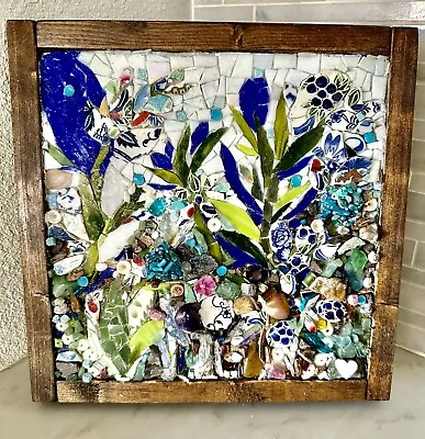 Handmade Mixed Media Wall Art~ Flowers Vines Stained Glass Ceramic Found Items • $99.99