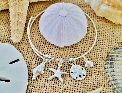 Beach Seashell Expandable Wire Bangle Bracelet Sterling Silver Plt Charms Shells • $26.27