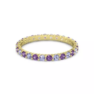 925 Sterling Silver Round Amethyst Tanzanite Yellow Plated Eternity Band Ring • £56.75