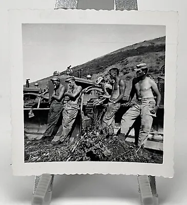 WW2 Era Photo Group U.S. Construction Engineers Resting Military Tractor • $17.50