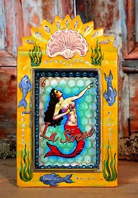 Mermaid La Sirena Tin Retablo Handmade Hand Painted Fish Shells Mexican Folk Art • $49