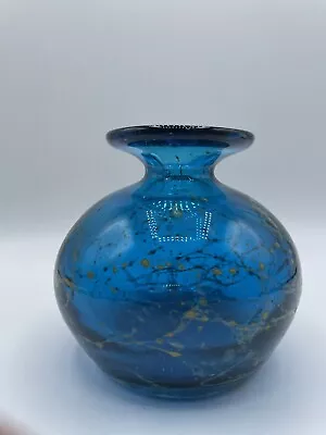 Cobalt Blue Art Glass Vase Signed “Mdina 06’” Yellow Swirls Handblown 3.5” • $65