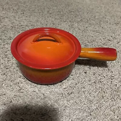 Vintage Descoware Flame Orange Cast Iron Enamel Saucepan  & Lid # 14 Belgium • $31