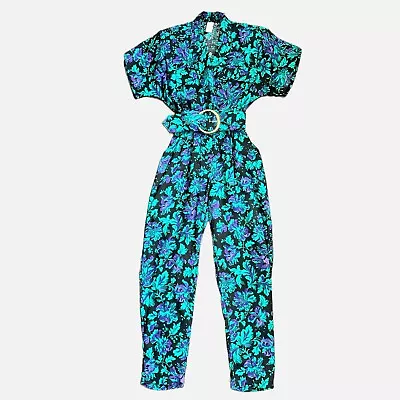 Vintage 80s Black Floral High Waisted Belted V-Neck Jumpsuit Romper Small Medium • $45