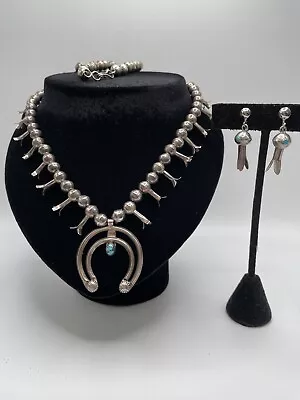 22” Vintage Navajo Sterling Silver Turquoise Squash Blossom Necklace & Earrings • $498.88