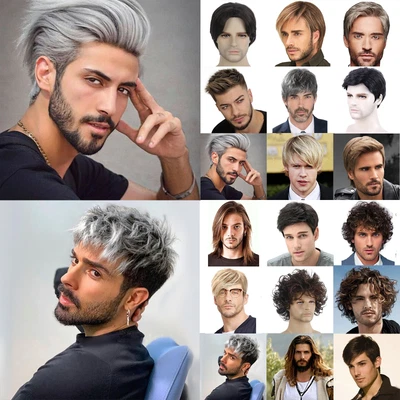 £11.87 • Buy Mens Short Hair Wigs Straight/Curly Synthetic Natural Cosplay Party Toupee New
