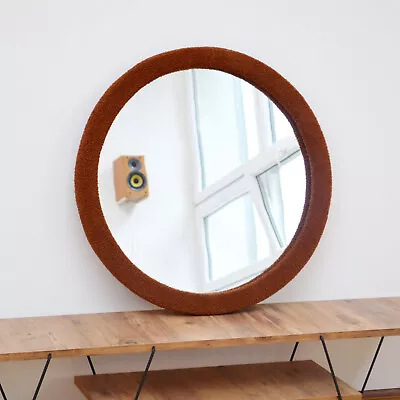 Vintage Round 70s MIRROR / Brown Fabric Frame / Space Age / Mid Century Modern • $150