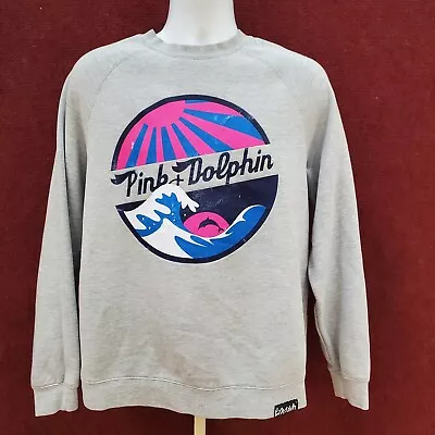 Pink Dolphin Sweatshirt Crewneck Graphic Pullover Retro Men Size Large Logo Grey • $24.88