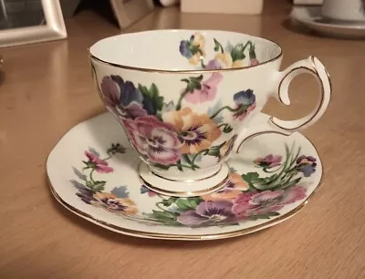 Vintage QUEEN ANNE SPRING MELODY Cup + Saucer Pansies Fine Bone China England • $25