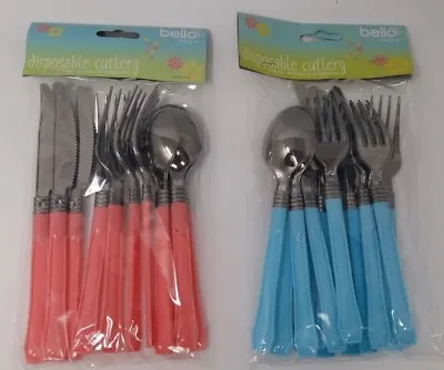 Bello 12 Pack Plastic Cutlery Set Pink Blue Colours Party Picnic BBQ Reusable • £4.75