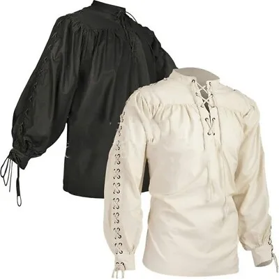 Men Medieval Shirt Top Fancy Dress Pirate Vintage Gothic Lace Up Bandage UK • £18.90