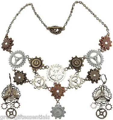 MULTI GEARS NECKLACE & PIERCED EARRINGS SET Steampunk Costume Jewelry Propeller • $12.95