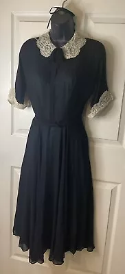 Vintage 1940 Silk Chiffon Lace Rhinestone Collar Cuff Dress WB Wednesday ADAMS M • $34