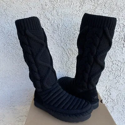 Ugg Classic Tall Chunky Knit Cardy Black Sheepskin Insole Boots Size 8 Women • $169.99