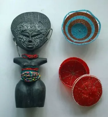 African Tribal Carved Wooden Fertility Akuaba  God Statue Goddess Beaded Bowls • $125