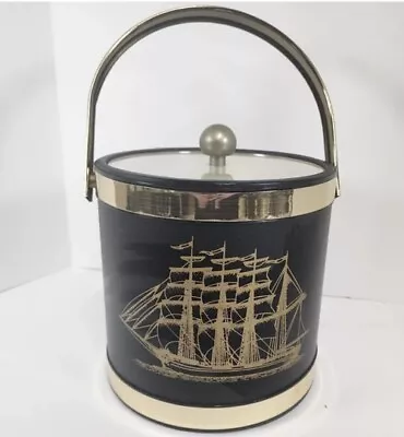 Mid Century Modern Ship Navy Blue & Gold Ice Bucket Barware Bar Cart Man Gift • $24