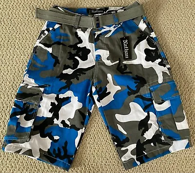 NWT Men's Nathan Blue Gray Camouflage Camo Belted Cargo Pocket Shorts ALL SIZES • $21.99