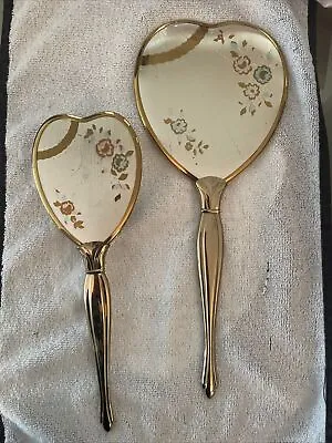 Vintage Hand Held Vanity Mirror & Brush Heart Design Gold  Tone • $20