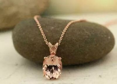 14K Rose Gold Plated 2Ct Oval Cut Created Morganite Solitaire Pendant Necklace • $66.62