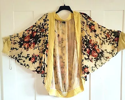 STUNNING Ethos Yellow Burnout Velvet Oversized Shrug Jacket Red Roses XL Boho • $40