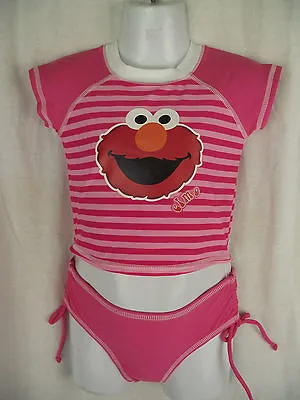 BNWT Little Girls Sz 1 Elmo Logo Pretty Pink Rash Top & Pants Swim Suit Set • $16.28