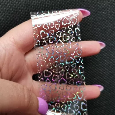 HEART HOLOGRAPHIC SILVER Nail Art Foil Transfer Stickers 3D Nails Foils UK  • £1.90