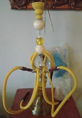 26  Tall Yellow Diamond Cut 3 Hose Hookah Egyptian Style W/Pipe Cleaners & Tong • £51.31