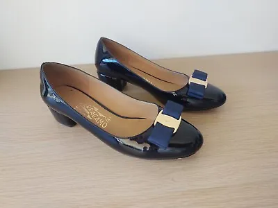 SALVATORE FERRAGAMO Size 4.5 D Vara Bow Blue Patent Leather Low Heel • $49.90