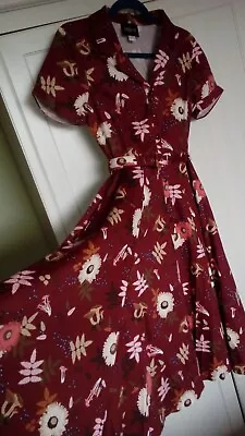 Collectif Size 10 Caterina Dress Burgundy Belt Flare Shirt Dress Floral Mushroom • £30