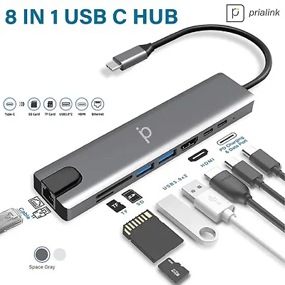 Prialink 100W 8 In 1 USB C HUB 87W PD 1GB Ethernet 4K HDMI 2xUSB 3.0 Pro Air XPS • $19.97