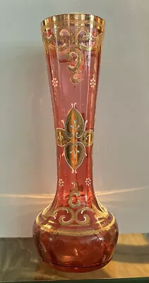 Antique Moser Cranberry Gold Coraline Decoration Enameled Vase 8 1/2 In • $110