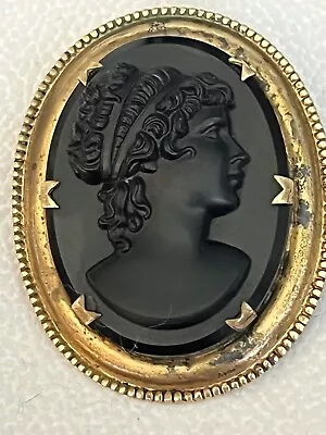 Large Vintage Mourning Cameo Molded Black Glass & Brass Brooch Pin • $26