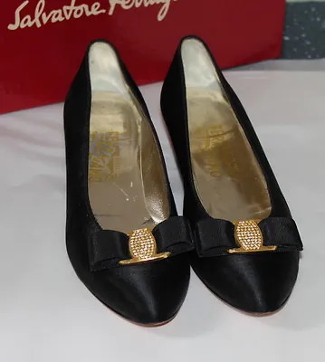 Salvatore Ferragamo Black Satin Crystal Vara Vera Bow Heel Pump Sz 8 AA 2A MINT • $411.38