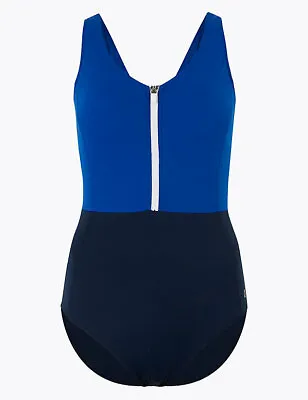 Brand New Ex M&S Padded Colourblock Zip Front Tummy Control Swimsuit 8-24 Blue • £9.99