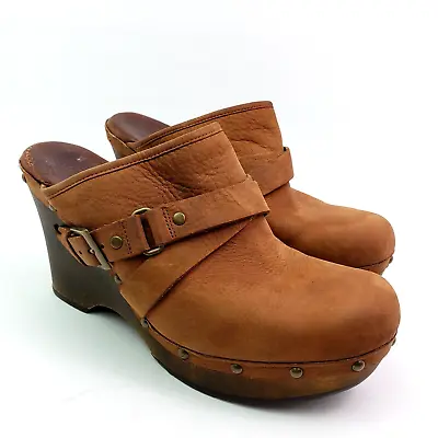 UGG Womens Size 10 Brown Leather Slip On Strap Buckle Wedge Clog Shoes 1001315 • $45.04