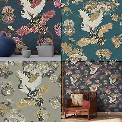 £11.99 • Buy Rasch Akari Kyoto Cranes Wallpaper Oriental Japanese Birds Flowers Floral Clouds