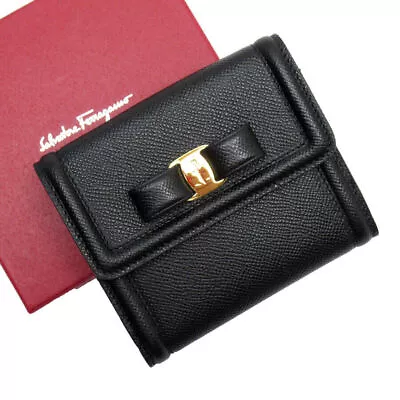 Auth Salvatore Ferragamo  Vara Ribbon Bifold Wallet   Black Leather W0131g • $382.22