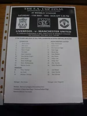 11/05/1996 Teamsheet: FA Cup Final Liverpool V Manchester United [At Wembley]. • £3.99