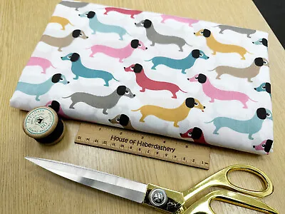 FABRIC REMNANT - Cute Dachshund Sausage Dogs Polycotton Fabric - 2m Length • £8.49