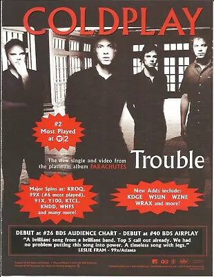 COLDPLAY Vintage 2001 Trouble PROMO TRADE AD Poster Of Parachutes CD MINT 8.5x11 • $50.94