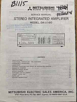 Mitsubishi Da-u160 Stereo Integrated Amplifier Original Service Repair Manual • $11.94