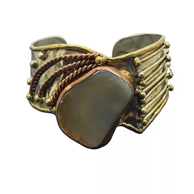 Vintage Natural Stone Brutalist Cuff Bracelet Gold Tone • $32.30