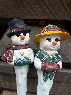 Vintage Set Ceramic Hand Painted Mr & Mrs Snowman Icicle Ornaments • $10